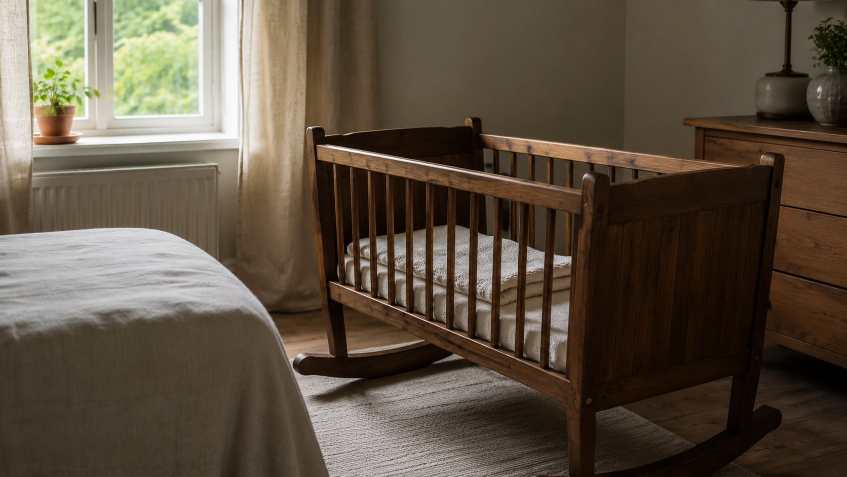 Berceau en bois vide dans une chambre calme près d'une fenêtre, couverture pliée, lumière douce du matin.