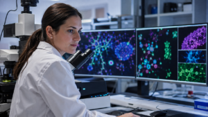 Une chercheuse en blouse blanche observe des amas de cellules colorées sur les écrans d’un microscope confocal, dans un laboratoire de neurosciences américain.