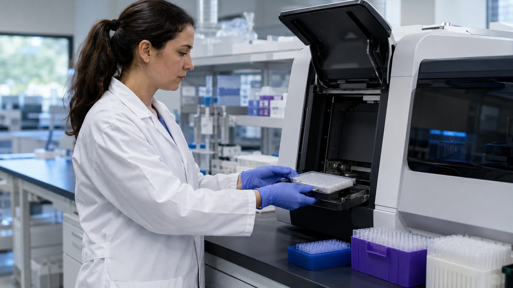 Des mains gantées glissent une plaque d’échantillons dans un séquenceur génomique, sur la paillasse d’un laboratoire universitaire.