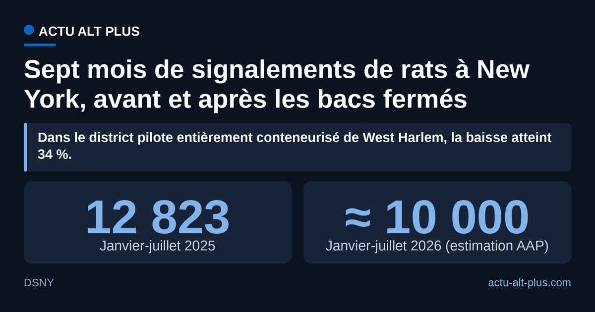 Graphique Actu Alt Plus. De janvier à juillet, les signalements de rats au 311 new-yorkais passent de 12 823 en 2025 à environ 10 000 en 2026, soit près de 2 800 de moins. Limite : le total 2026 est estimé à partir des 22 % de baisse annoncés par le service de la propreté, qui n’a pas publié son détail mensuel.