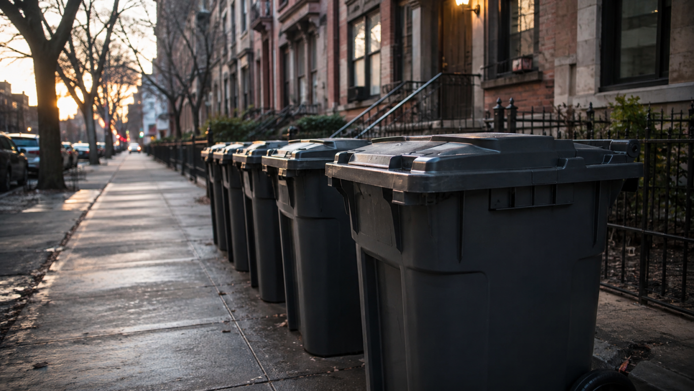 Rangée de grands conteneurs à ordures fermés alignés le long d’un trottoir new-yorkais au petit matin