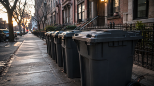Rangée de grands conteneurs à ordures fermés alignés le long d’un trottoir new-yorkais au petit matin