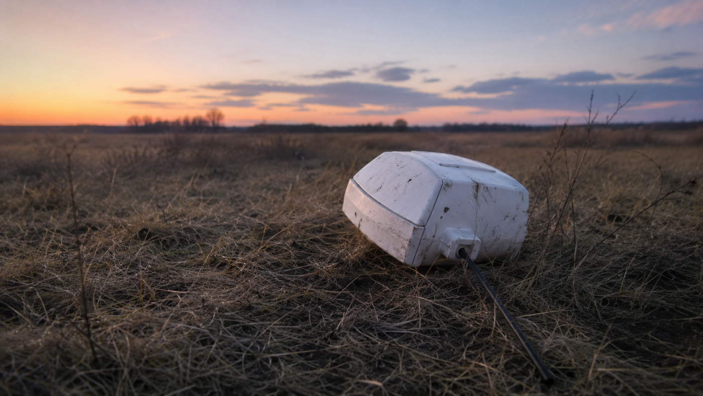 Petit boîtier blanc de radiosonde météo, antenne pendante, posé dans l’herbe sèche d’un champ vide au crépuscule
