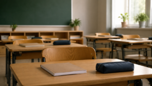 Salle de classe d’école primaire vide, cahiers neufs et trousses posés sur les pupitres en bois