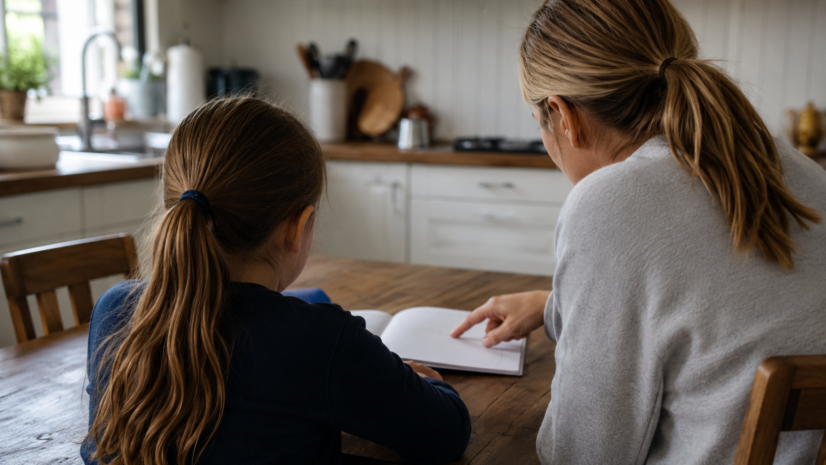 Mains d’un adulte et mains d’un enfant, visages hors champ, au-dessus d’un cahier ouvert sur une table de cuisine