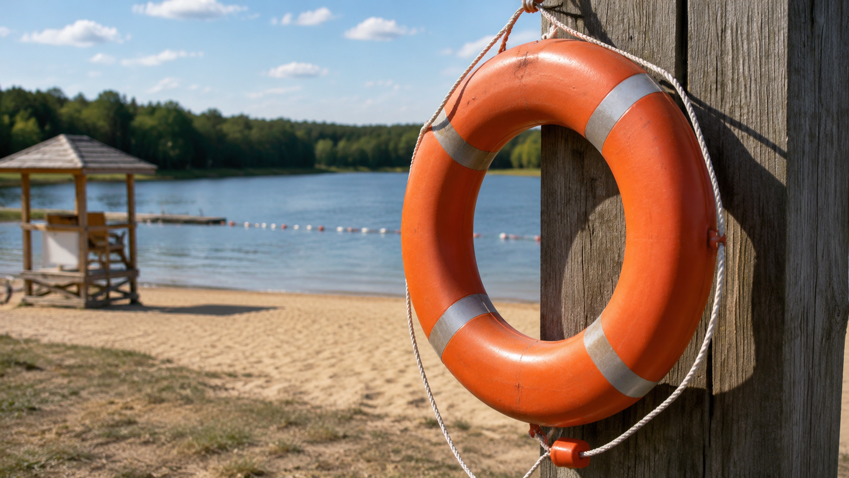 Bouée de sauvetage orange accrochée à un poteau de bois au bord d’une plage de lac surveillée, sans personne dans le cadre.