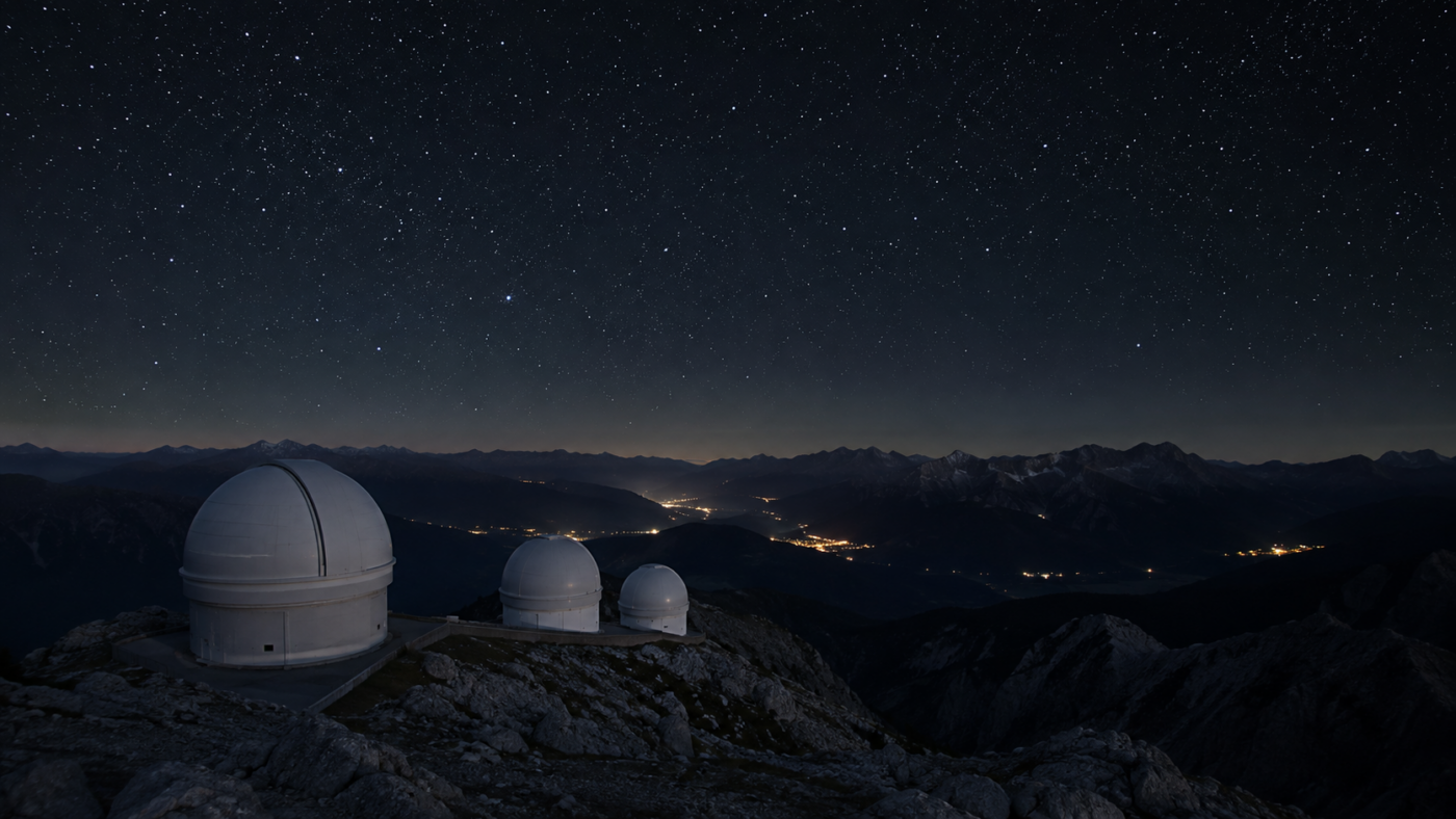 Coupoles blanches d'un observatoire de haute montagne sous un ciel dense d'étoiles, vallées obscures en contrebas