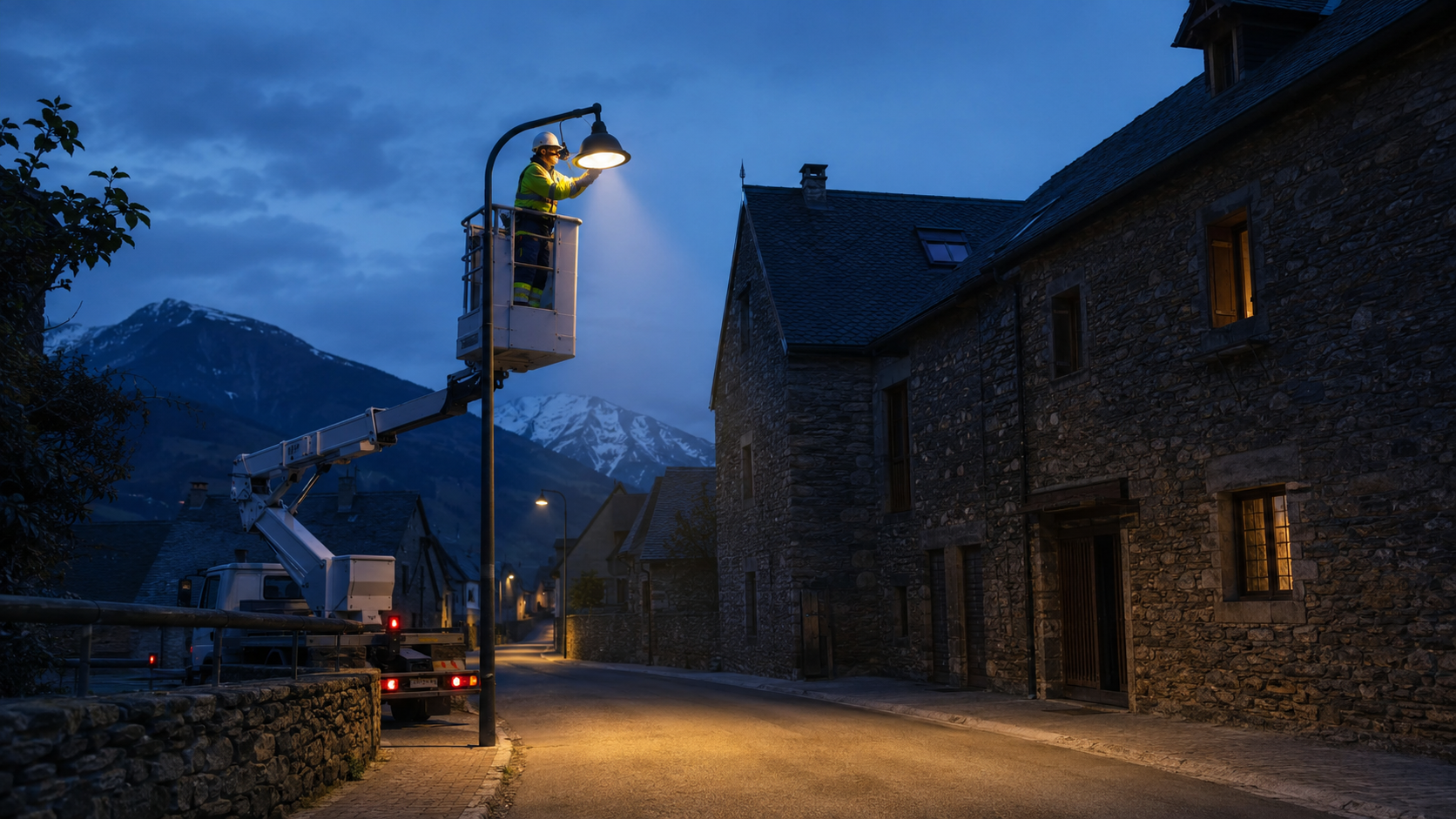 Un technicien remplace la tête d'un lampadaire dans un village de montagne, la lumière tombant uniquement sur la chaussée