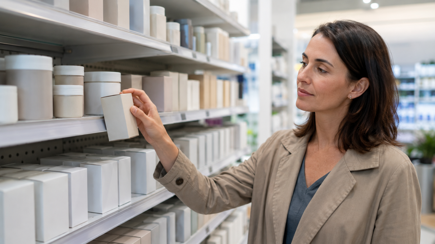 Rayon de compléments alimentaires dans une pharmacie française, une main saisit une boîte sans marque.