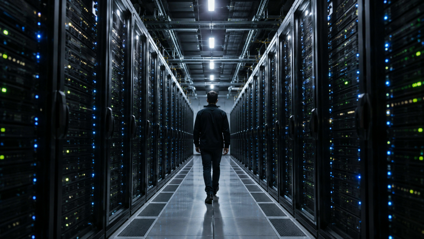 Allée de baies informatiques éclairées par des voyants dans un centre de données, une personne de dos marche entre les rangées.