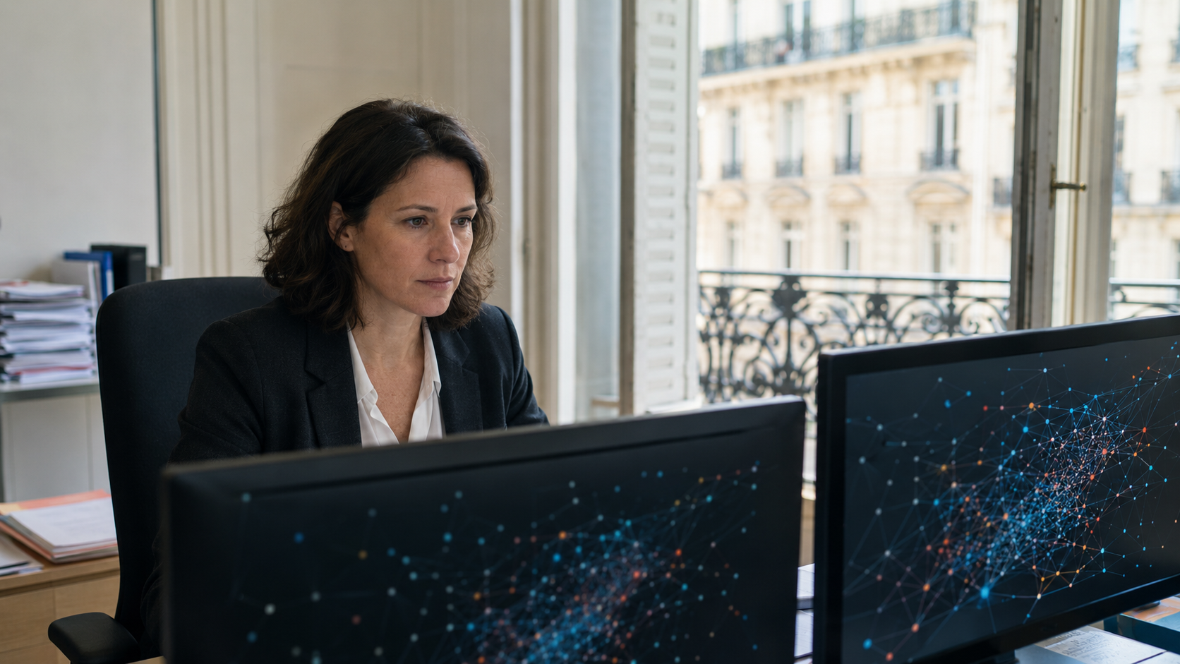Une agente d’une administration française travaille devant deux écrans affichant un graphe de réseau, fenêtre ouverte sur une façade parisienne.