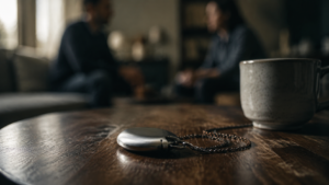 Un pendentif métallique sans marque, posé sur une table en bois à côté d'une tasse de café.