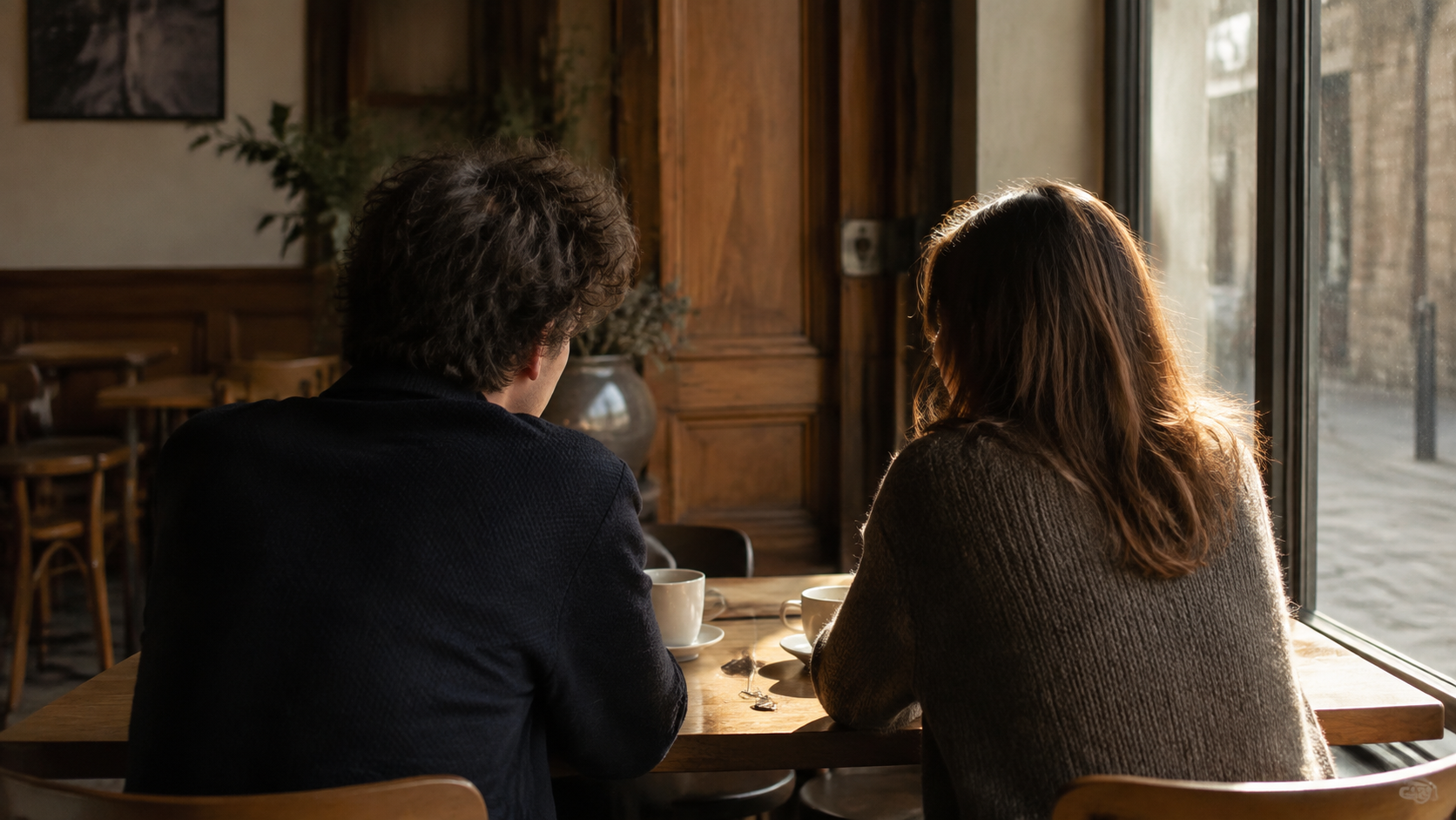 Deux personnes attablées dans un café, vues de dos, en pleine conversation.