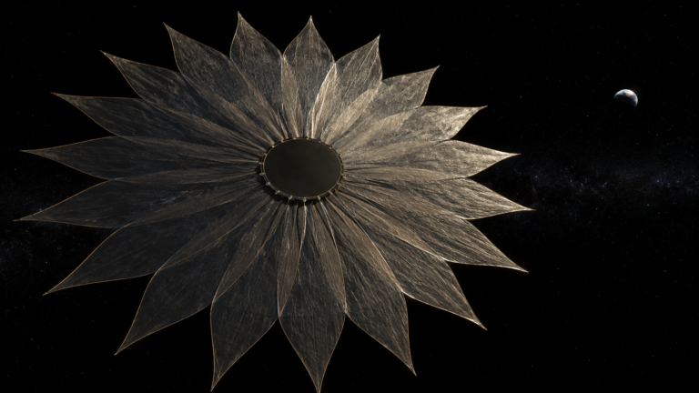 Grand écran spatial en forme de fleur, disque central bordé de longs pétales effilés, croissant terrestre au loin dans le noir