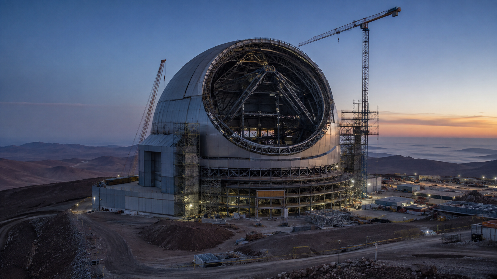Coupole de très grand télescope en construction sur un sommet aride du désert d’Atacama, échafaudages et grues au crépuscule