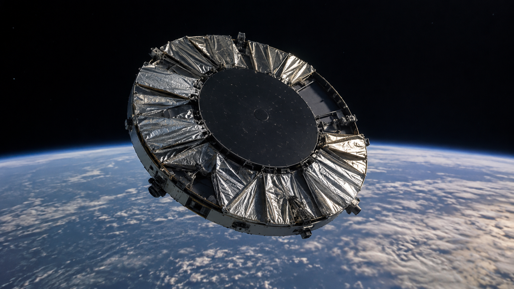Occulteur spatial partiellement déplié en orbite, pétales métalliques repliés contre le disque central, limbe terrestre éclairé en contrebas