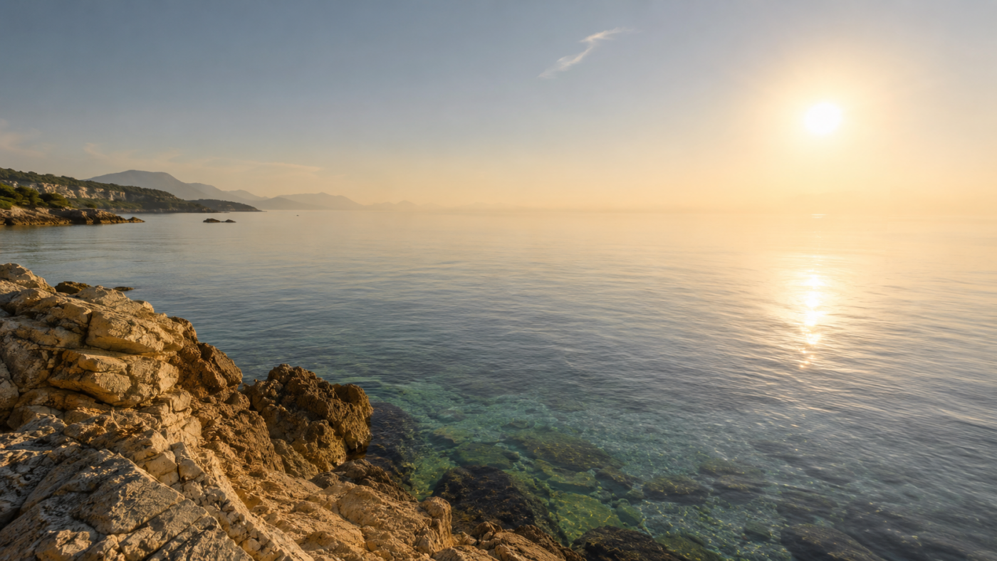 La Méditerranée vue depuis un rivage rocheux de la Côte d’Azur, eau lisse jusqu’à un horizon voilé de chaleur
