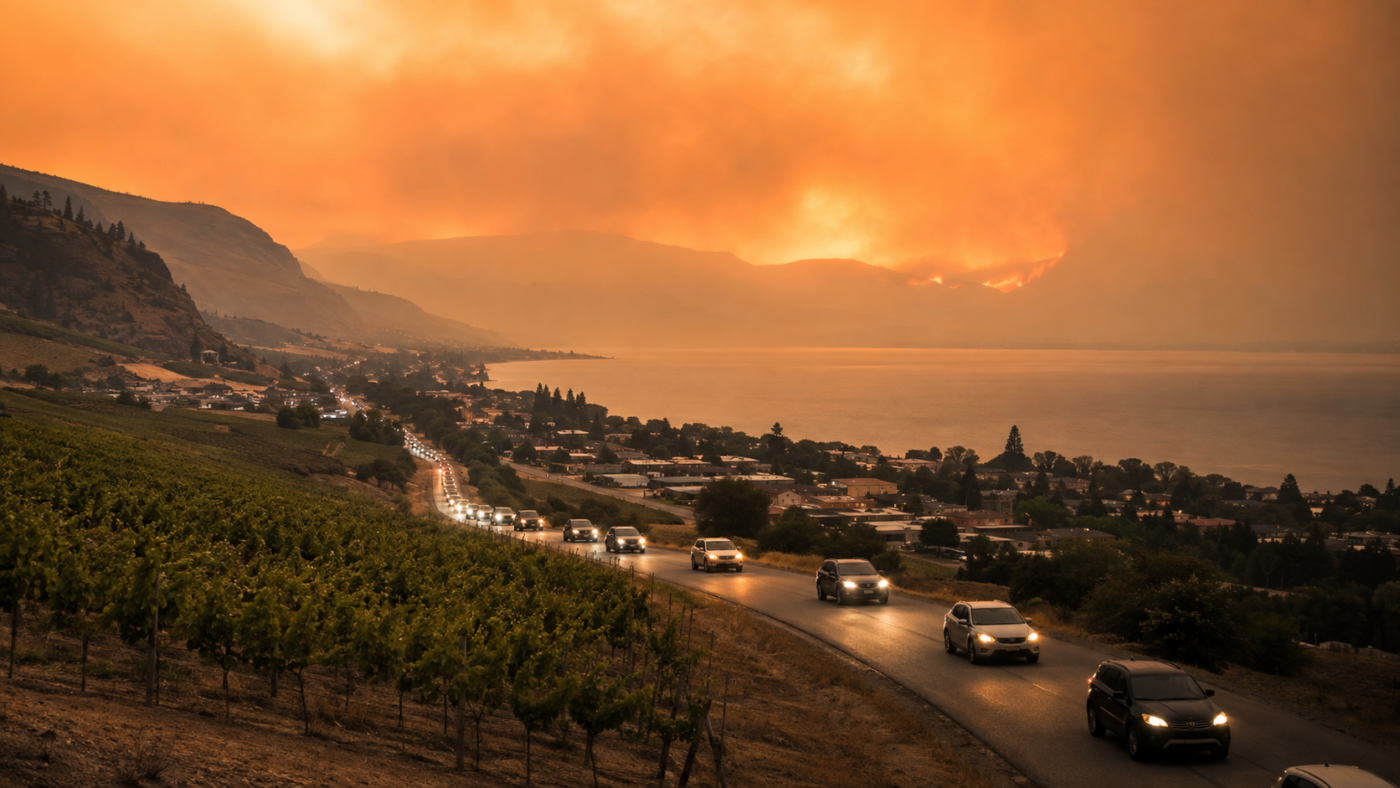 Une file de voitures quitte à l’aube une petite ville au bord d’un lac, phares allumés, sous une épaisse fumée orange, des rangs de vigne sur le coteau