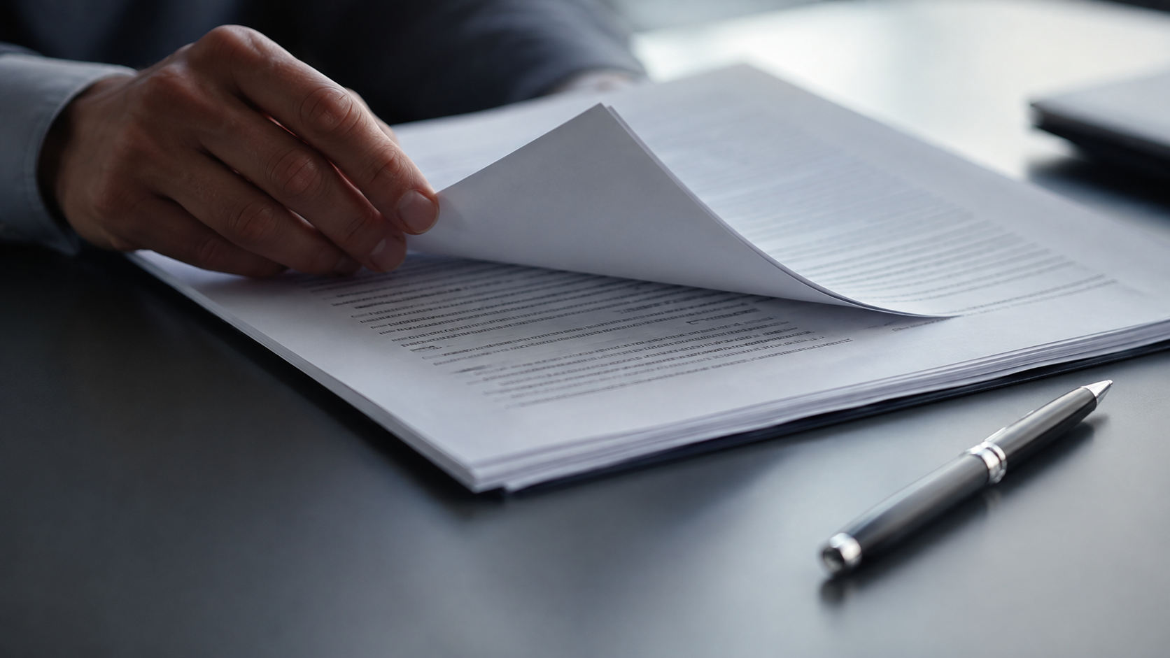 Gros plan sur un contrat imprimé posé sur un bureau, une main tourne une page, un stylo posé à côté.