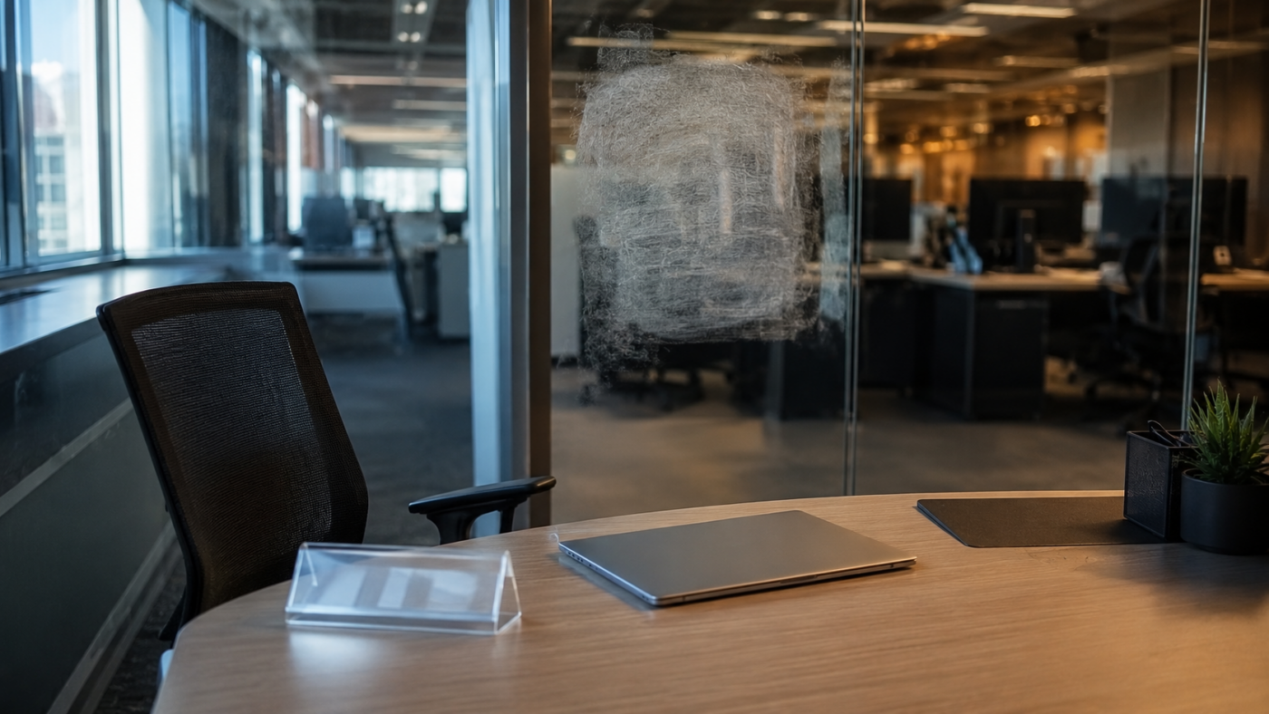 Bureau inoccupé dans un open space, chaise reculée, ordinateur portable fermé et porte-nom vide sur le plateau.