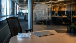 Bureau inoccupé dans un open space, chaise reculée, ordinateur portable fermé et porte-nom vide sur le plateau.