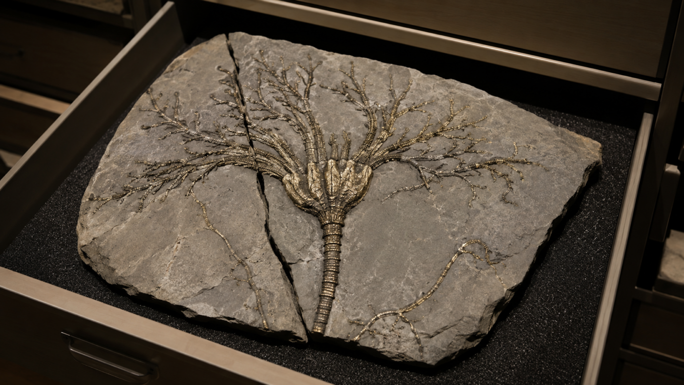 Dalle calcaire fendue posée dans un tiroir de collection de musée, laissant voir l’empreinte ramifiée d’un crinoïde fossile dont les fins filaments brillent d’un éclat doré.