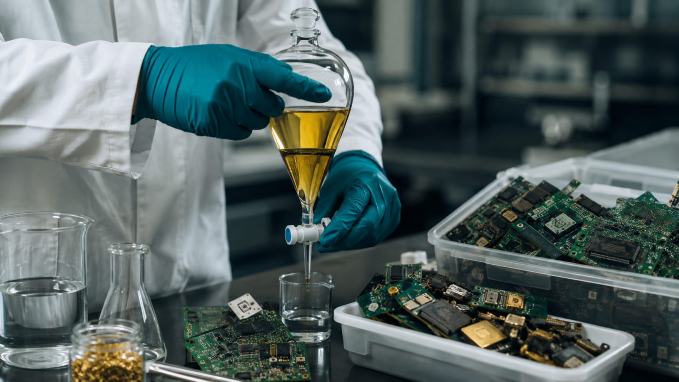 Des mains gantées manipulent une ampoule à décanter avec un liquide doré, à côté de cartes électroniques démontées sur une paillasse de laboratoire.