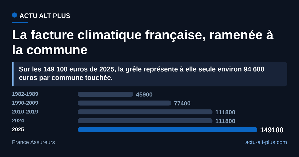 Ramenée à la commune, la facture climatique française a plus que triplé depuis les années 1980 et gagne un tiers sur la seule année 2025. Calculs Actu Alt Plus : coût annuel des sinistres climatiques publié par France Assureurs divisé par les 34 875 communes recensées au 1er janvier 2026 ; les moyennes 1982-2019 sont exprimées en euros constants par la source et les valeurs 2024 et 2025 en euros courants, la comparaison donne donc un ordre de grandeur.