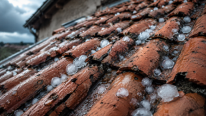 Grêlons posés sur des tuiles mouillées et fissurées d’un toit de maison après un orage d’été