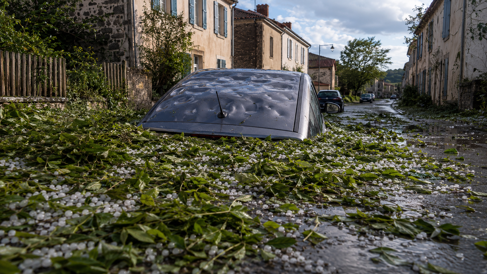 Rue de village jonchée de feuilles hachées et de grêlons fondants au lendemain d’un orage, toit de voiture cabossé au fond