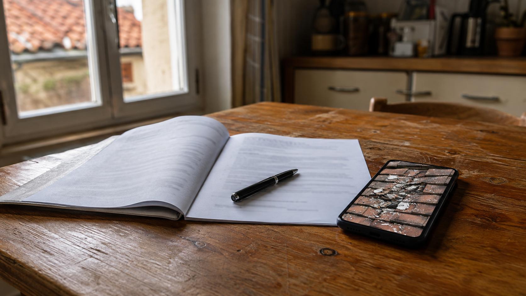 Table de cuisine avec un contrat d’assurance habitation ouvert, un stylo et un téléphone affichant une photo de dégâts