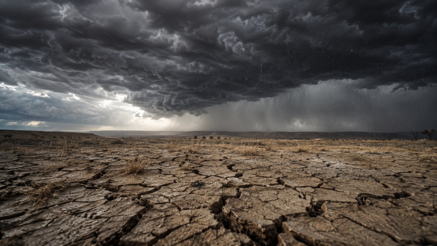 Un ciel d'orage sombre se lève au-dessus d'un champ desséché et craquelé, la terre fissurée au premier plan, premières grosses gouttes de pluie.
