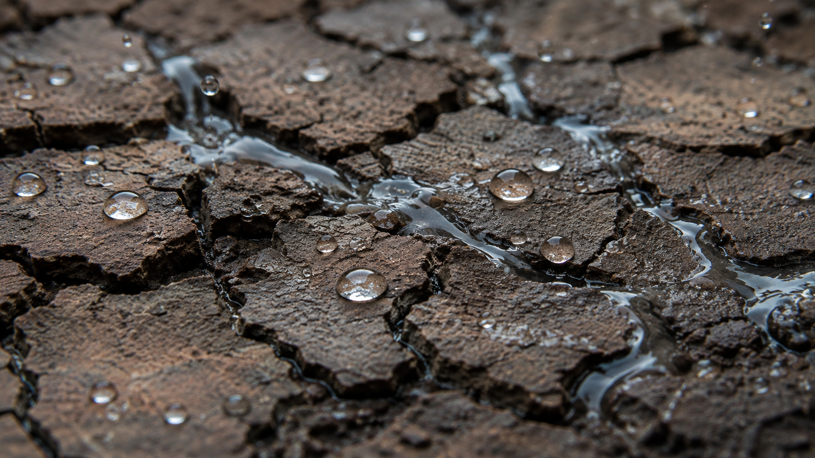 Gros plan d'un sol argileux craquelé et durci en croûte, où les gouttes d'eau perlent et ruissellent au lieu de pénétrer.