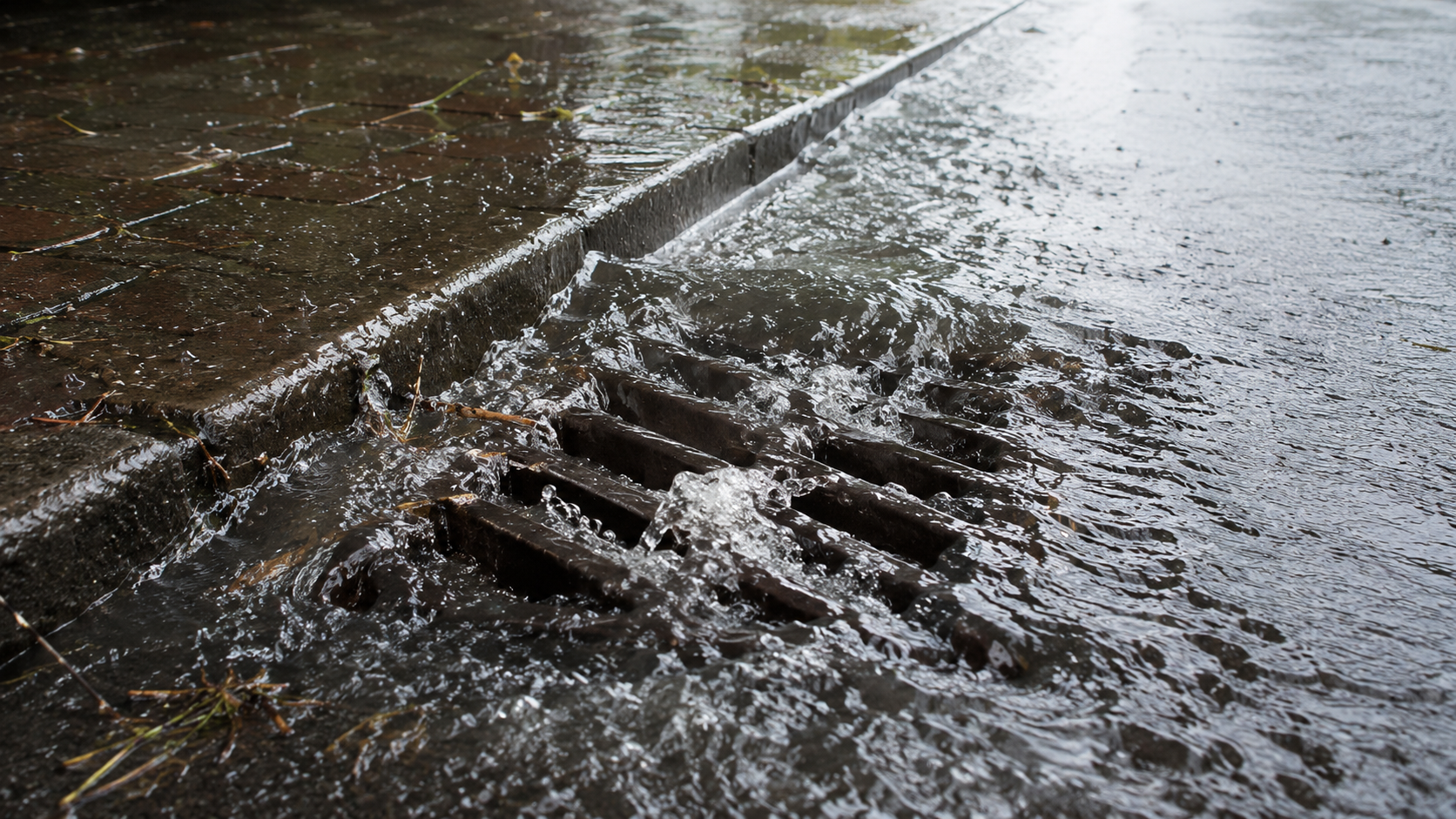 De l'eau de pluie ruisselle en nappe le long d'un caniveau urbain pendant une averse d'été, submergeant une bouche d'égout.
