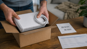 Deux mains rangent une box internet blanche et son câble dans un carton de retour posé sur une table en bois, près d’une étiquette d’expédition et d’une facture.