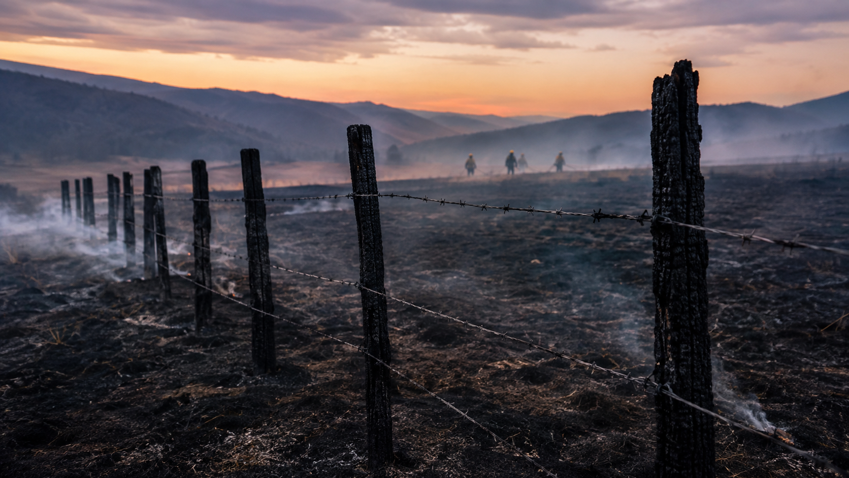 Clôture de ranch calcinée et prairie brûlée au crépuscule, filets de fumée montant du sol, silhouettes lointaines de pompiers sans visage.