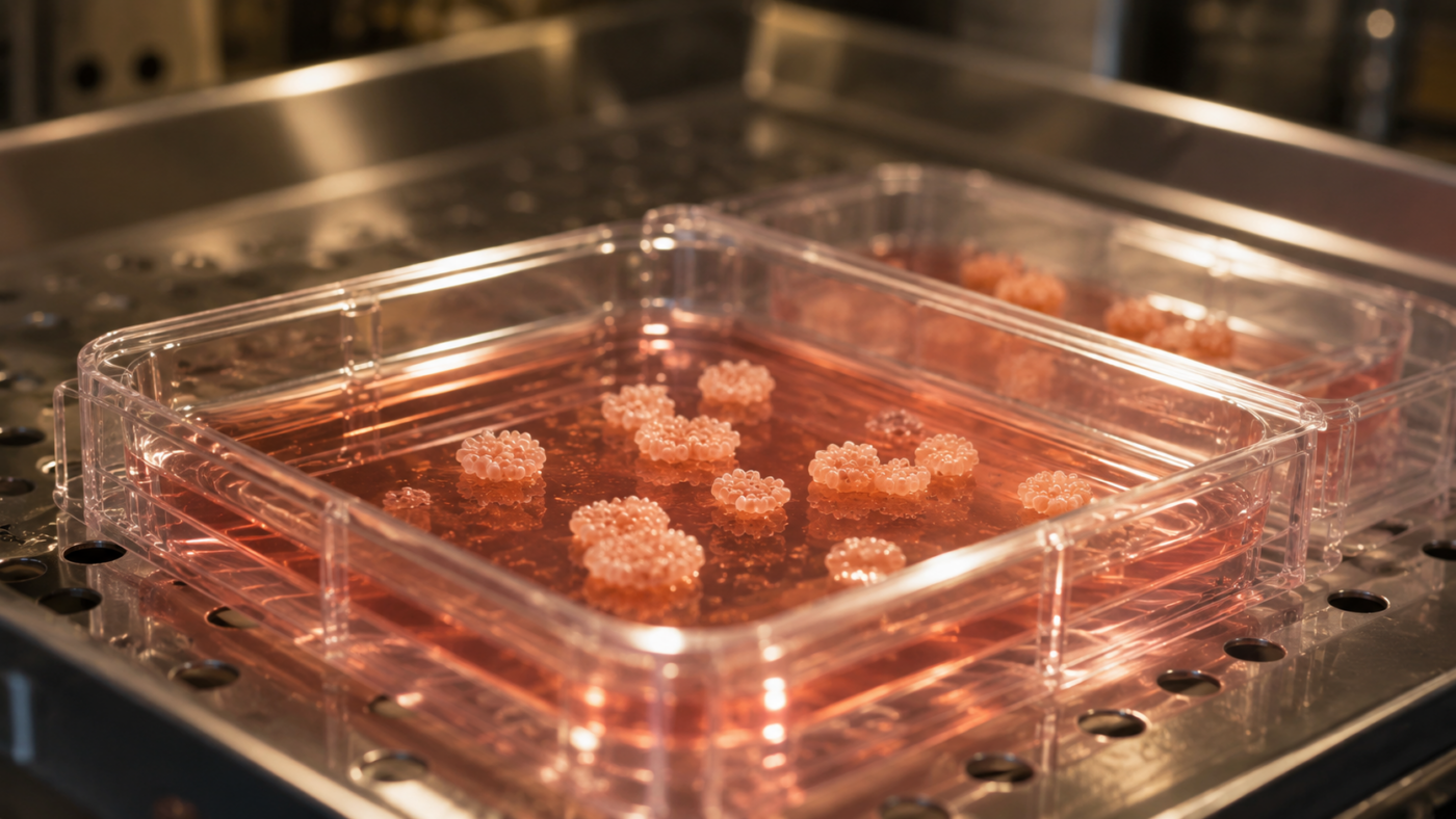 Plaque de culture transparente sous lumière d'incubateur, avec de minuscules amas de tissu pâle de la taille de grains de poivre dans un milieu rose orangé.