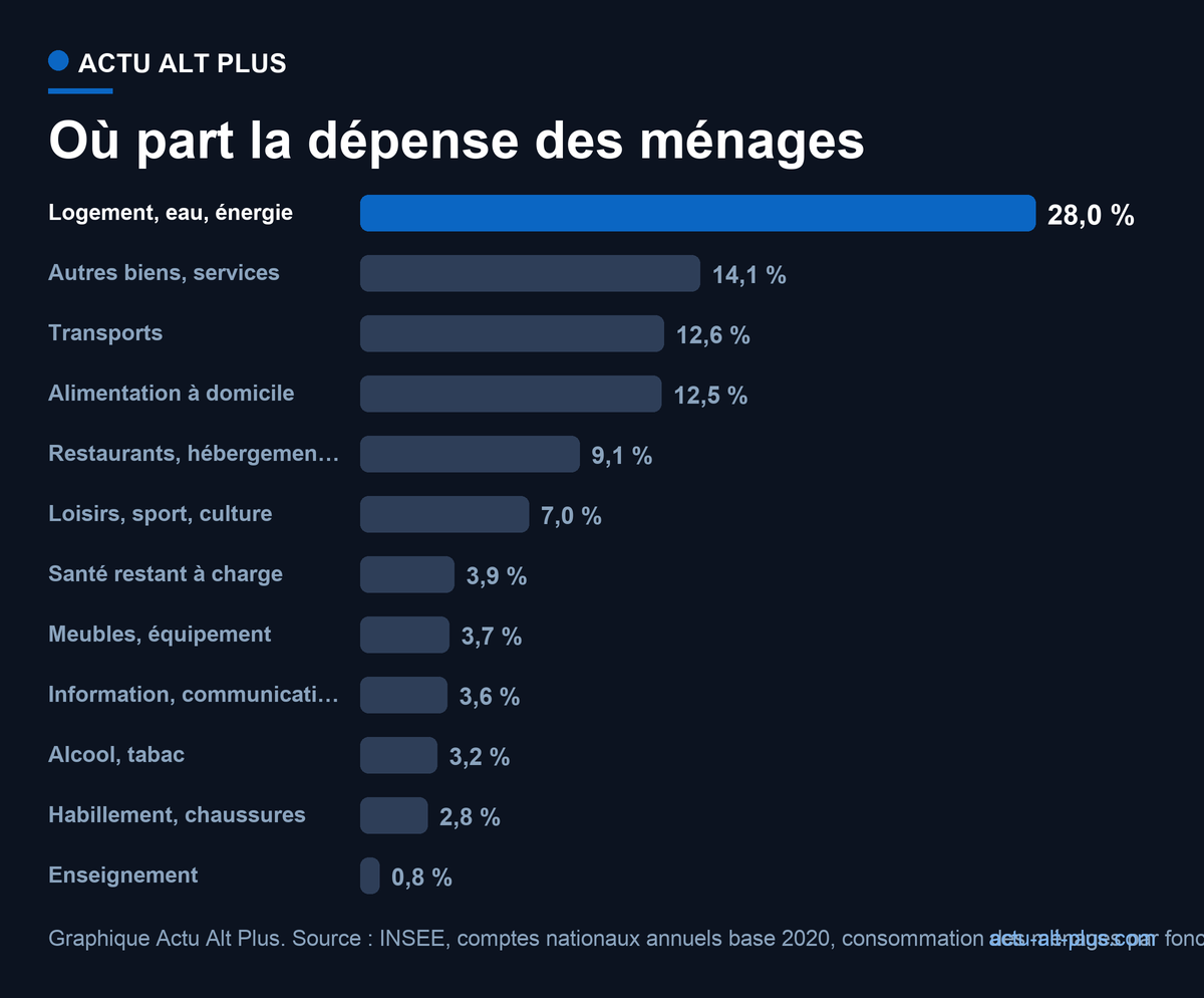 Parts des douze fonctions de dépense dans la dépense de consommation des ménages en 2025 : logement, eau, gaz et électricité 28,0 %, autres biens et services 14,1 %, transports 12,6 %, produits alimentaires et boissons non alcoolisées 12,5 %, restaurants et hébergement 9,1 %, loisirs, sport et culture 7,0 %, santé restant à charge 3,9 %, meubles et équipement du logement 3,7 %, information et communication 3,6 %, boissons alcoolisées et tabac 3,2 %, habillement et chaussures 2,8 %, enseignement 0,8 %.