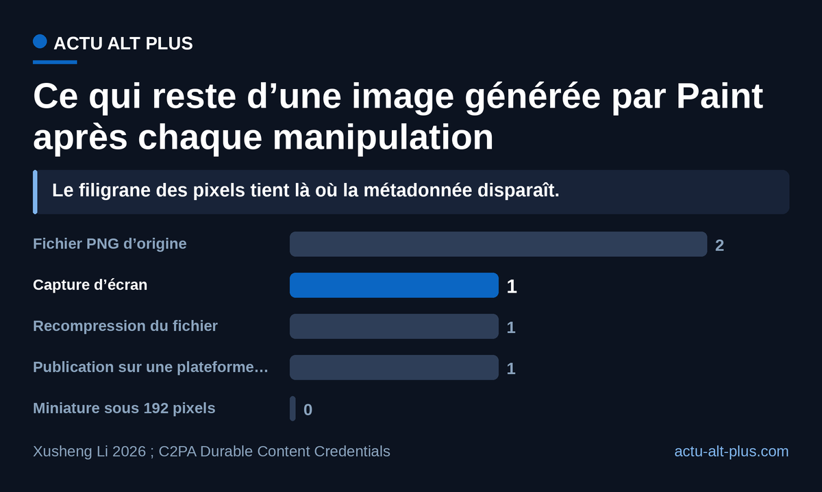 Une capture d’écran efface les métadonnées C2PA mais laisse en place le filigrane inscrit dans les pixels : le fichier change, la marque reste. Limite : ce classement décrit le comportement attendu des deux signaux d’après leurs documentations, il ne mesure pas un taux de détection.