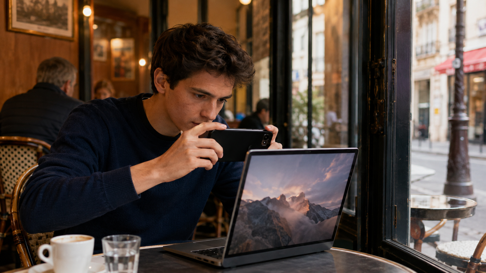 Jeune adulte au visage générique photographiant l’écran d’un ordinateur portable avec un smartphone, attablé dans un café français.