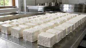 Cubes de fromage frais blanc alignés sur un plateau en inox dans un atelier laitier, lumière du jour.