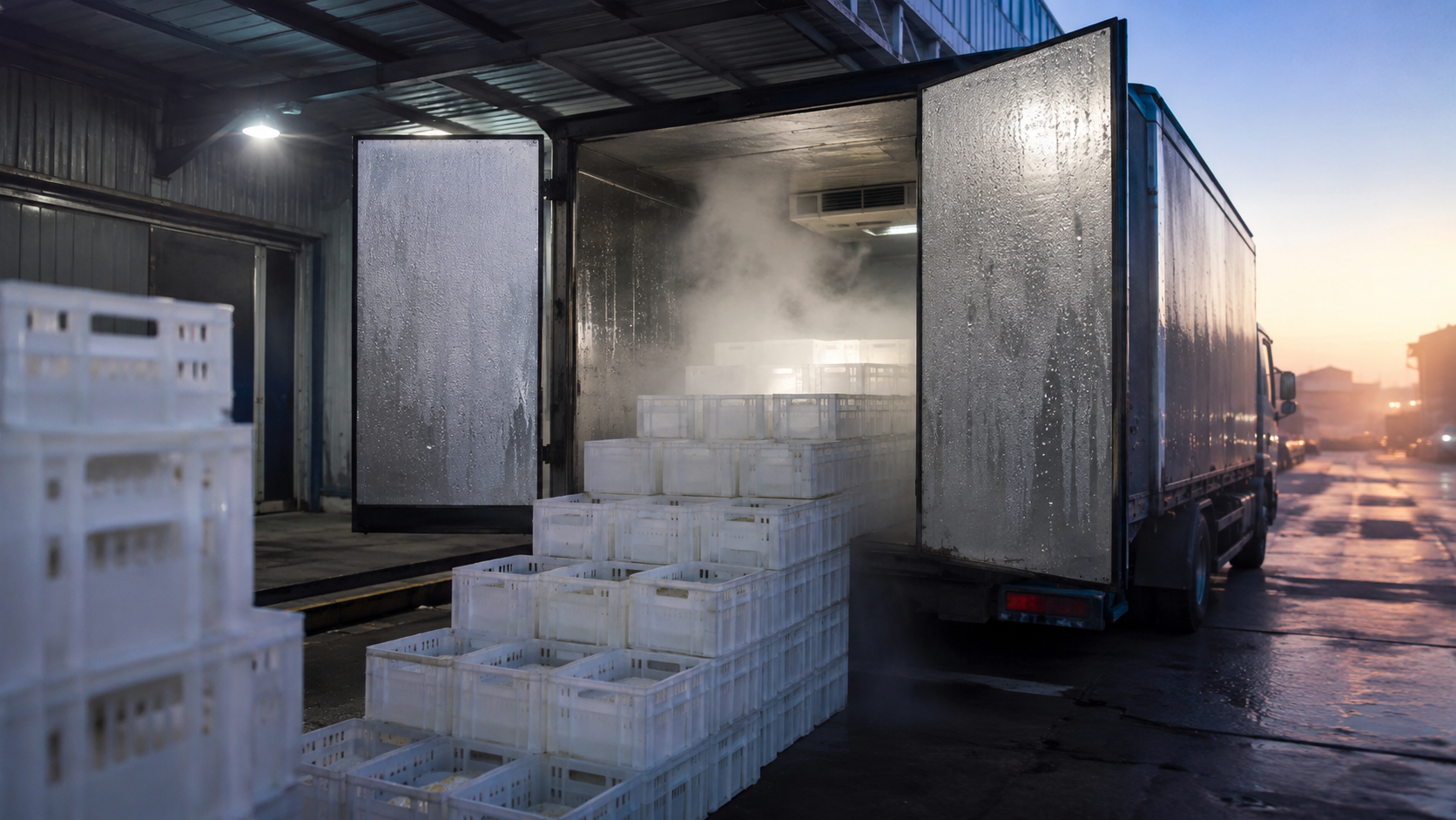 Camion frigorifique chargé de caisses blanches sur un quai de laiterie à l’aube, portes métalliques couvertes de condensation.