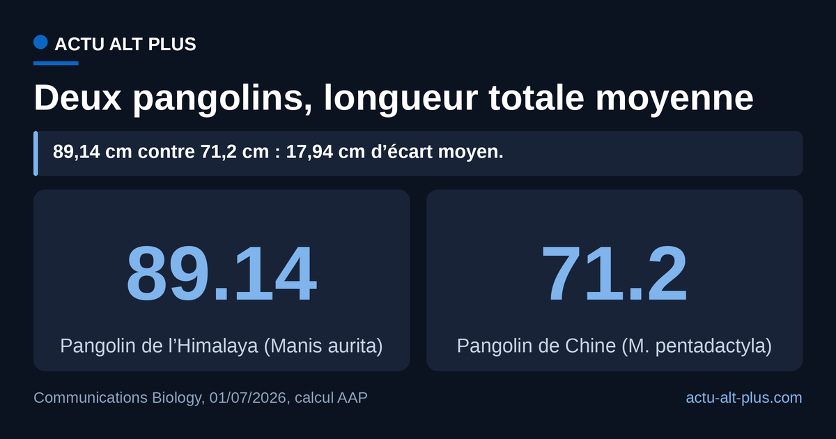 Le pangolin de l’Himalaya dépasse le pangolin de Chine de 25,2 % en longueur totale. Limite : la moyenne himalayenne repose sur six individus mesurés.