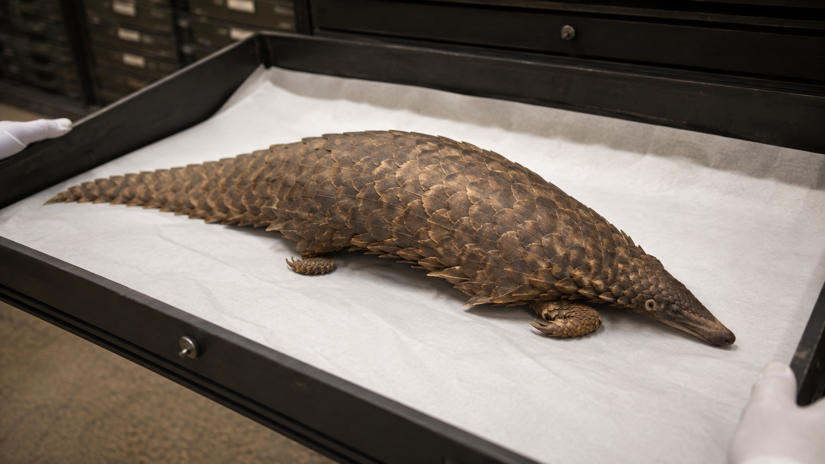 Un tiroir de collection ouvert dans un musée d’histoire naturelle laisse voir une peau de mammifère écailleux posée sur du papier de conservation, mains gantées au bord du cadre.