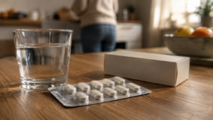 Une plaquette de comprimés blancs posée sur une table de cuisine en bois, à côté d’un verre d’eau et d’une boîte de médicament sans marque.