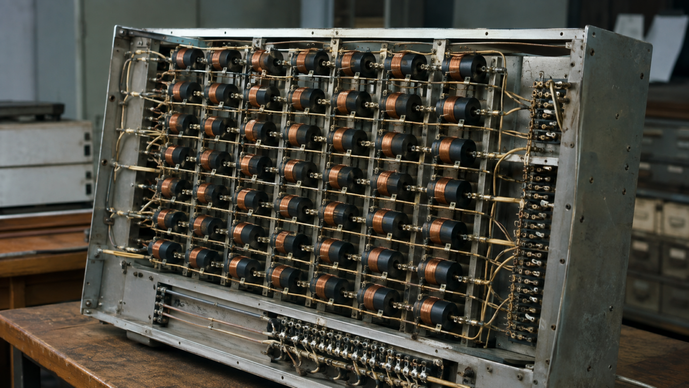 Des dizaines de petites bobines de ferrite bobinées à la main, montées sur un châssis métallique de laboratoire des années 1950.