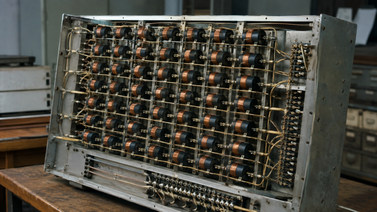 Des dizaines de petites bobines de ferrite bobinées à la main, montées sur un châssis métallique de laboratoire des années 1950.
