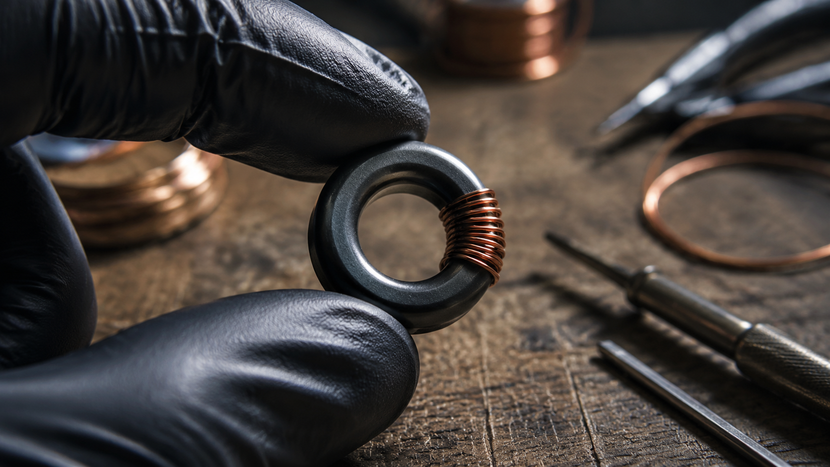 Un minuscule tore de ferrite noir tenu entre deux doigts gantés au-dessus d’un établi en bois.