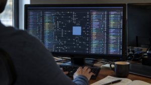 Mains d’un développeur sur un clavier devant un écran affichant une longue liste de bibliothèques logicielles et leurs numéros de version