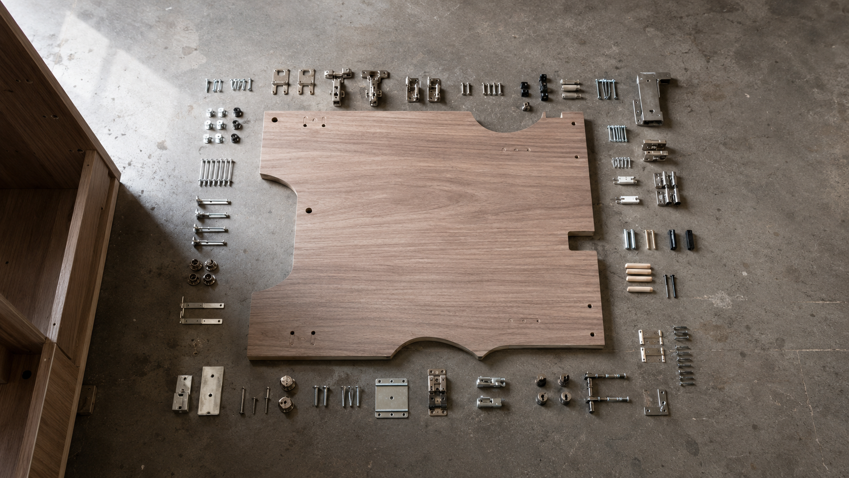 Vue de dessus d’un meuble en cours de montage : une grande pièce sur mesure entourée de dizaines de petites vis et équerres standard alignées au sol